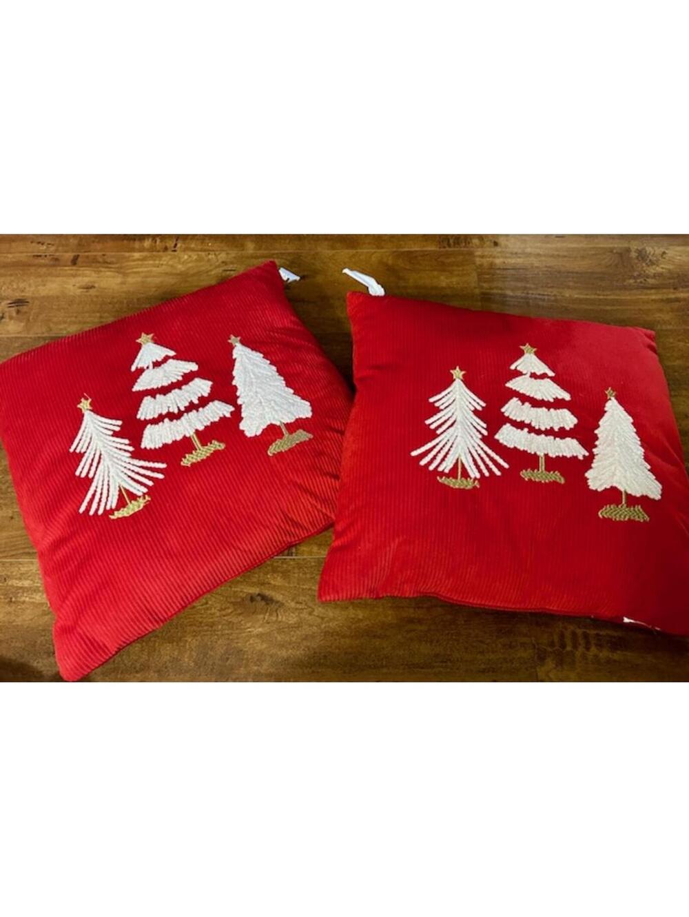 Set of 2 Red Corduroy Christmas Tree Decorative Throw Pillows